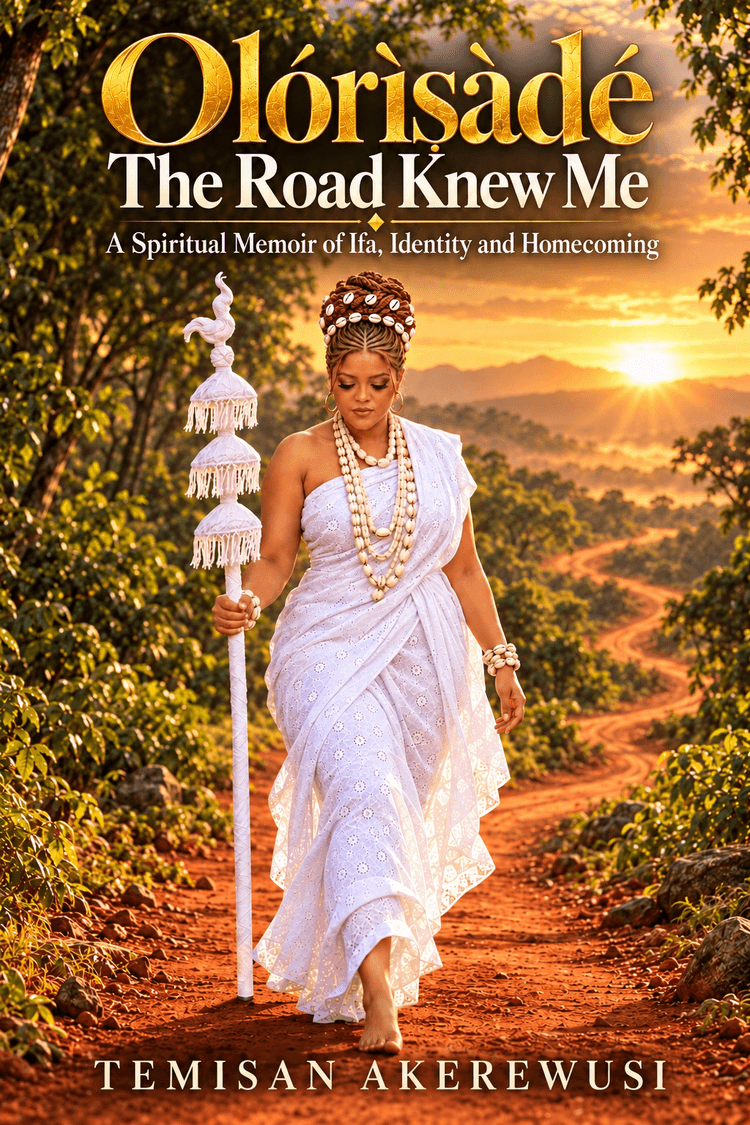 Olórìṣàdé: The Road Knew Me book cover: Temisan Akerewusi in white beaded garments, walking a red dirt road at sunset, carrying an ceremonial staff