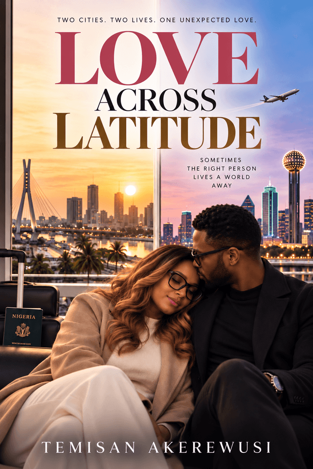 Love Across Latitude book cover: a couple embracing before a window showing the Lagos and Dallas skylines at sunset